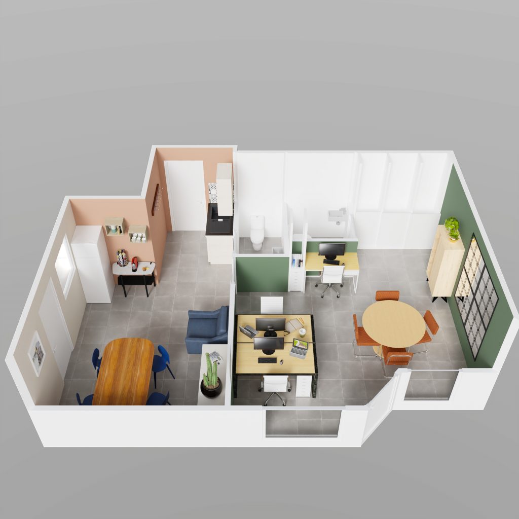 Plan 3D vu du dessus pour un projet de modernisation d'un bureau à Metz