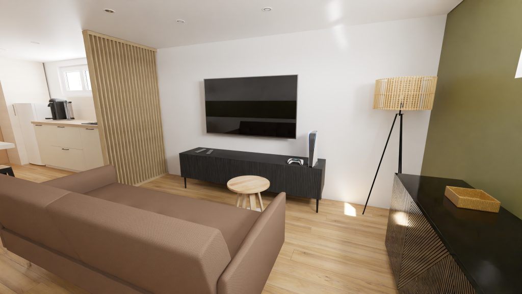 Espace ouvert salon cuisine aux couleurs simples et vives