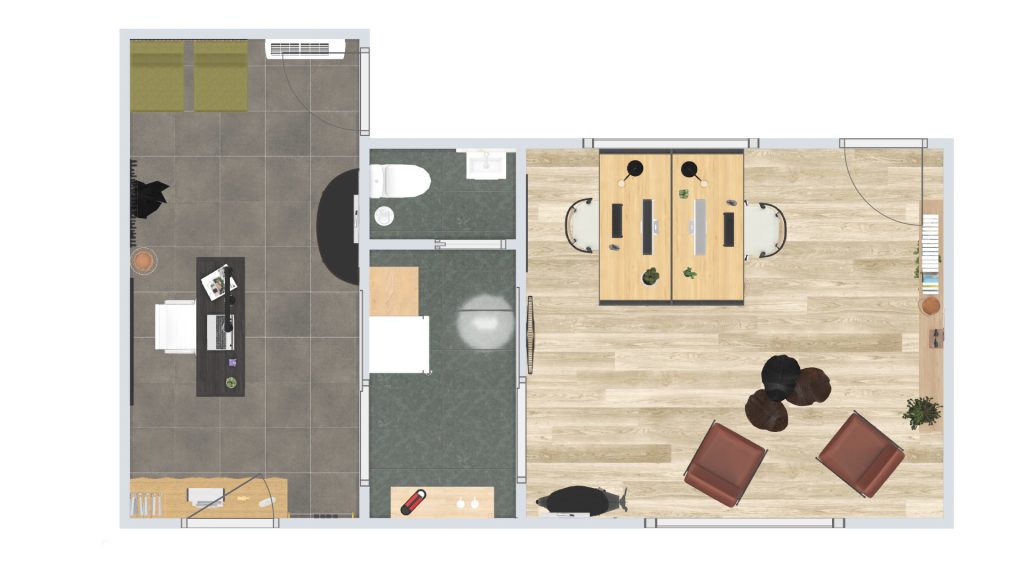 Plan 2D avec proposition des aménagements du bureau