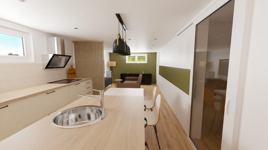 Vue du séjour à partir de la cuisine ouverte sur le salon, avec une porte coulissante vitrée