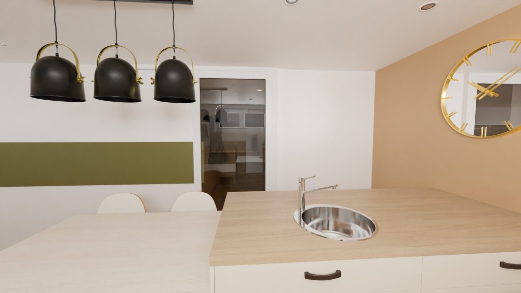 Vue du séjour à partir de la cuisine ouverte sur le salon, avec une porte coulissante vitrée