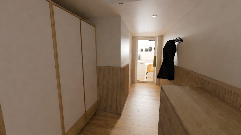 Dégagement et couloir avec une porte vitrée qui mène au séjour, pour garder de la luminosité