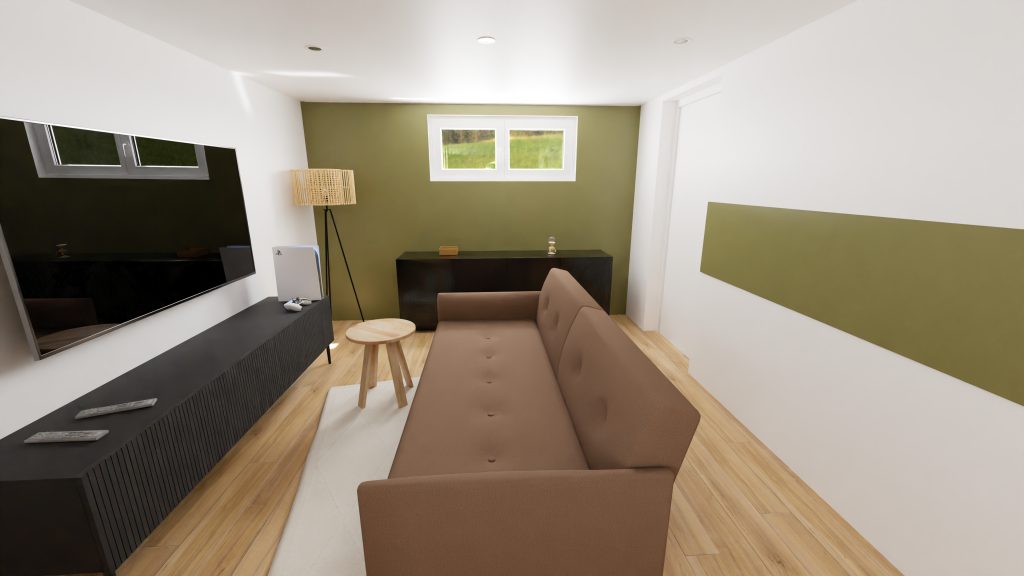 Espace ouvert salon cuisine aux couleurs simples et vives