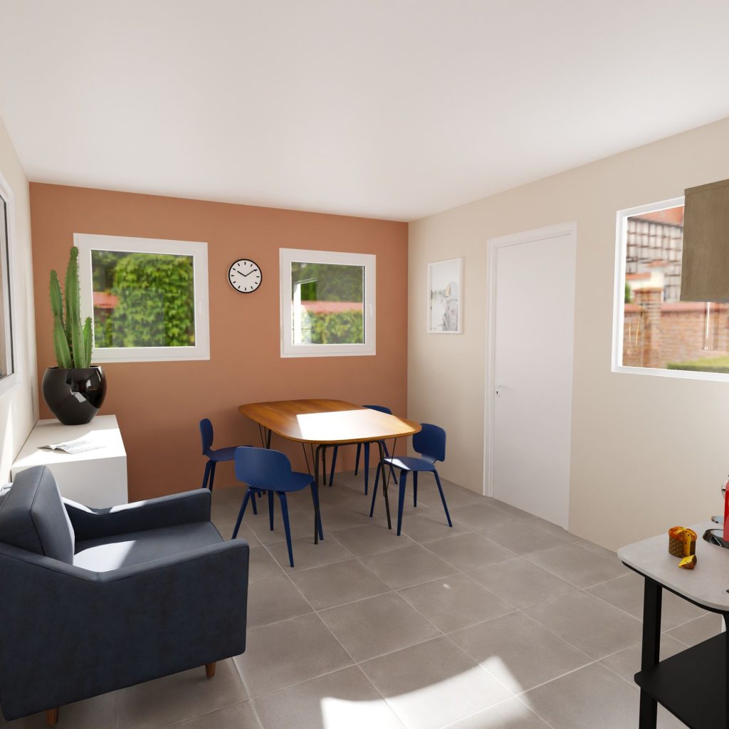 Projet de décoration intérieure réalisé par Maison Caruso à Metz, couleur orangé brun, canapé 1 place bleu et table à manger pour un réfectoire agréable et confortable