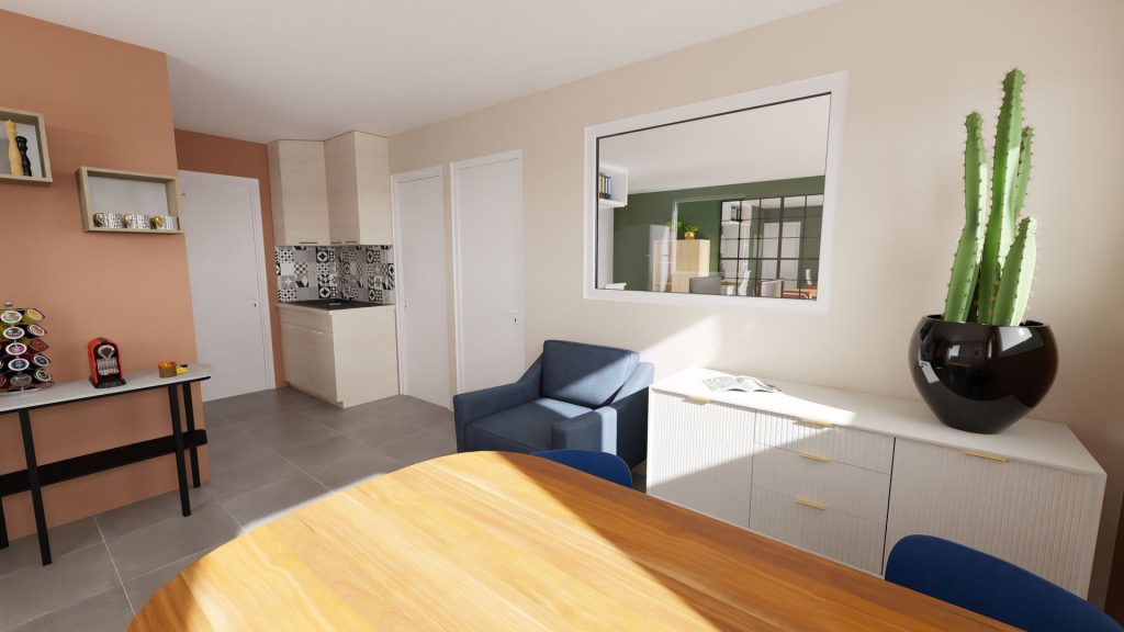 Projet de décoration intérieure réalisé par Maison Caruso à Metz, couleur orangé brun, canapé 1 place bleu et table à manger pour un réfectoire agréable et confortable