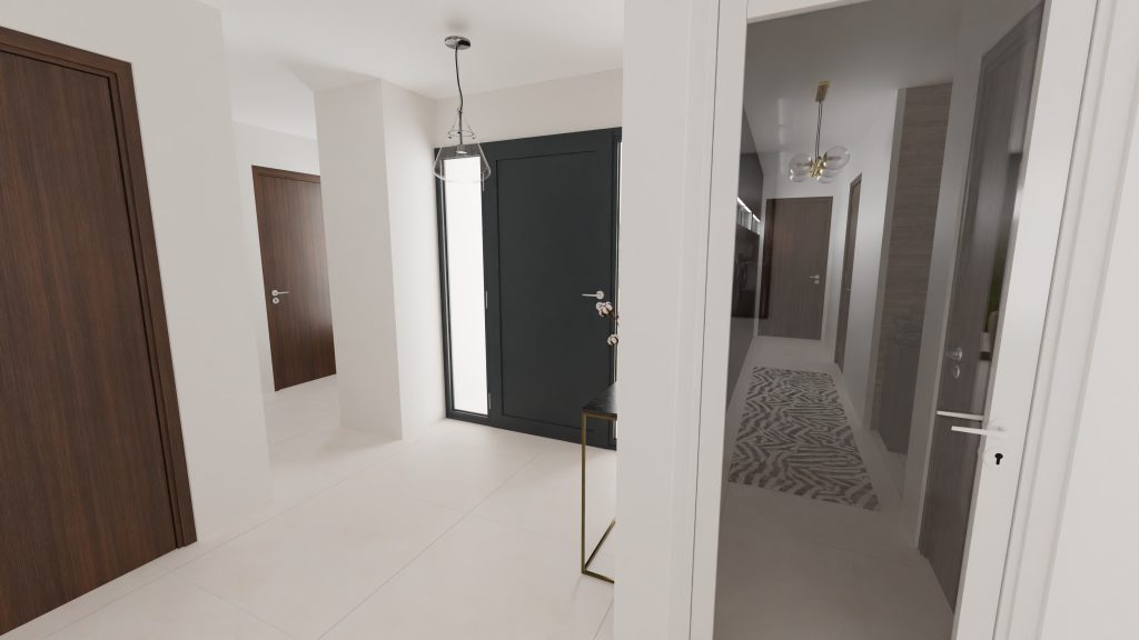 Une entrée minimaliste avec un carrelage en 120x120, le tout en blanc, pour une impression spacieuse