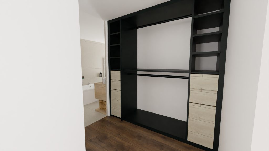 Un dressing d'entrée de chambre pour un espace rangement optimisé et ouvert sur la salle de bain