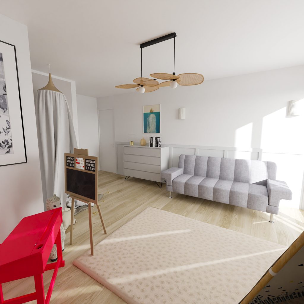 Une chambre d'amie douce et apaisante pour un espace de jeu la journée pour les enfants, ou un espace nuit