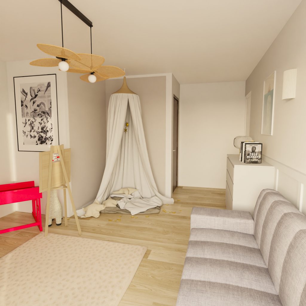 Une chambre d'amie douce et apaisante pour un espace de jeu la journée pour les enfants, ou un espace nuit