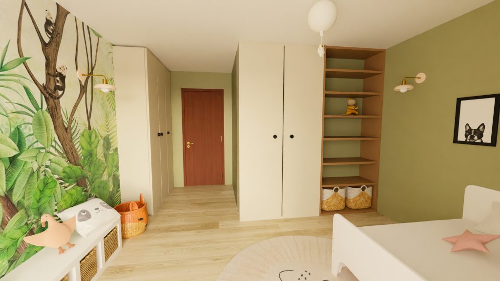 Chambre d'une enfant en style safari aux couleurs vertes et brunes rappelant la nature. Grand dressing de rangement