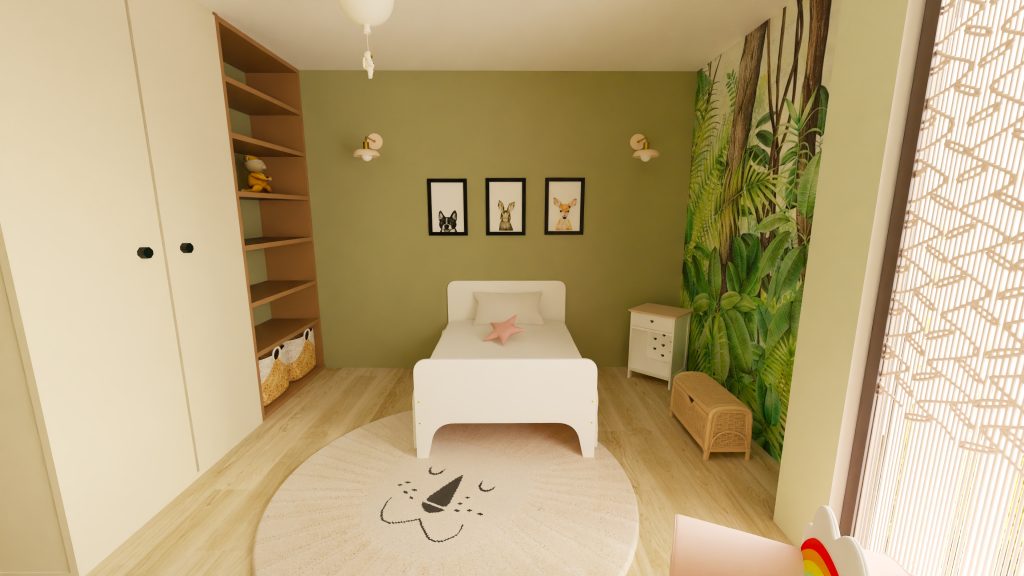 Chambre d'une enfant en style safari aux couleurs vertes et brunes rappelant la nature. Grand dressing de rangement