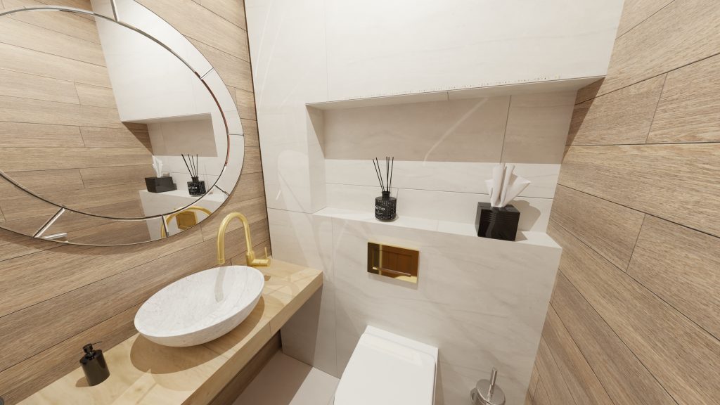 Un WC japonais clair et robinetterie en laiton pour une touche haut de gamme, s'alliant avec le carrelage type marbre