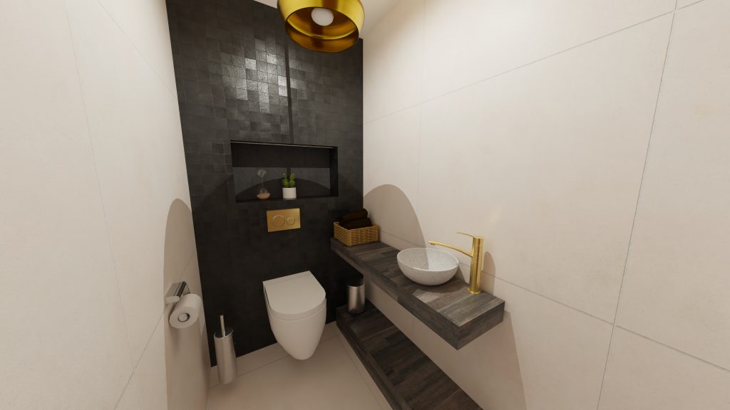 WC suspendu en style japonais avec un carrelage petit carreau noir, 
