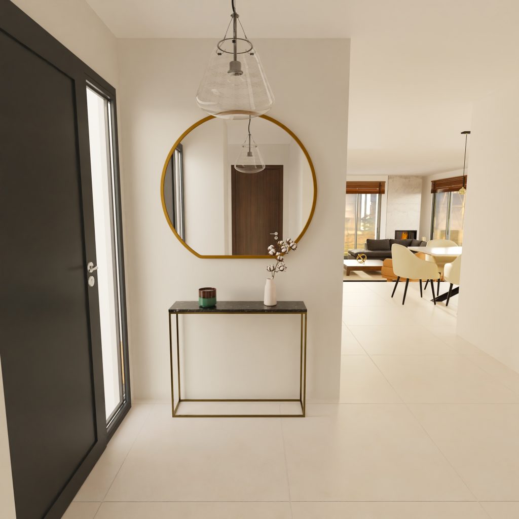 Une entrée minimaliste avec un carrelage en 120x120, le tout en blanc, pour une impression spacieuse