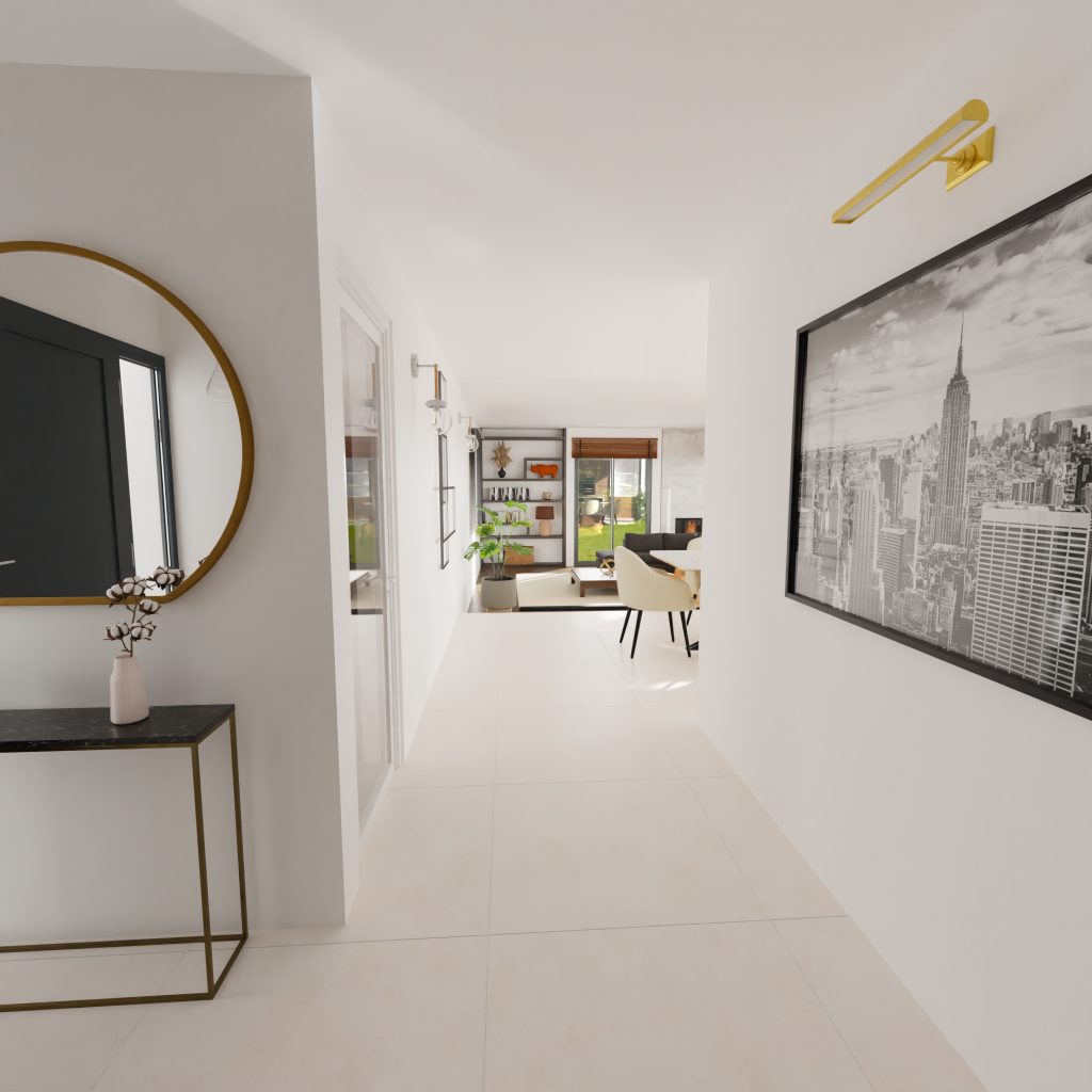 Une entrée minimaliste avec un carrelage en 120x120, le tout en blanc, pour une impression spacieuse