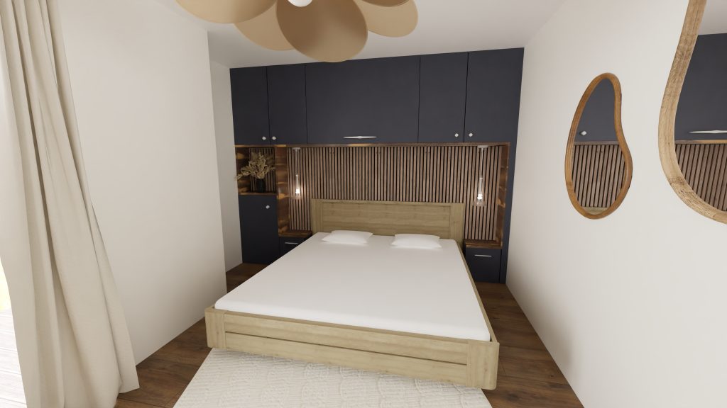 une chambre à coucher de caractère avec du rangement en guise de tête de lit, et un style haut de gamme de part sa couleur bleu et son bois