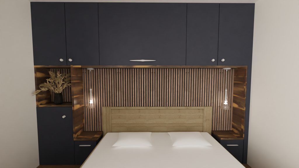 une chambre à coucher de caractère avec du rangement en guise de tête de lit, et un style haut de gamme de part sa couleur bleu et son bois