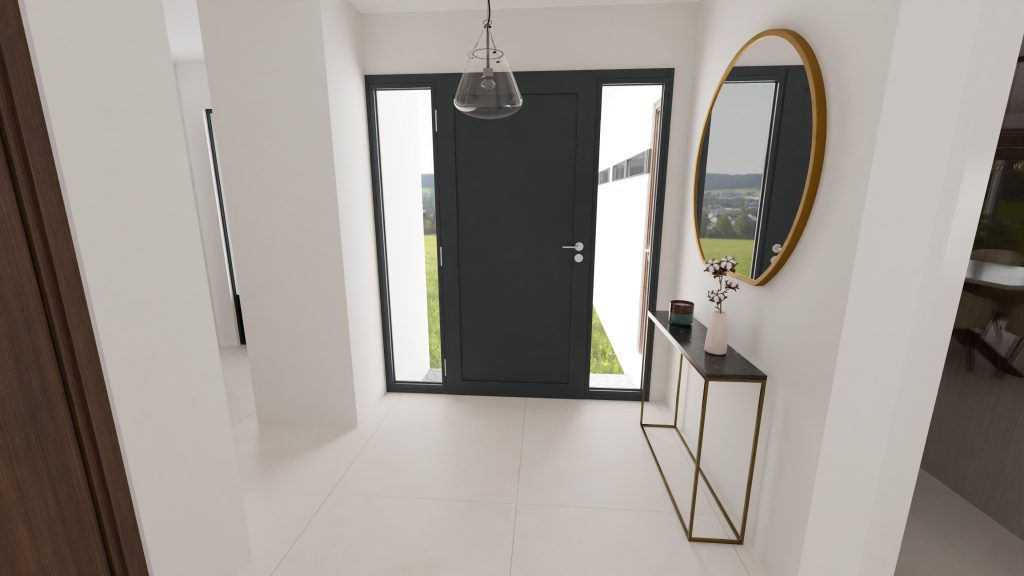Une entrée minimaliste avec un carrelage en 120x120, le tout en blanc, pour une impression spacieuse